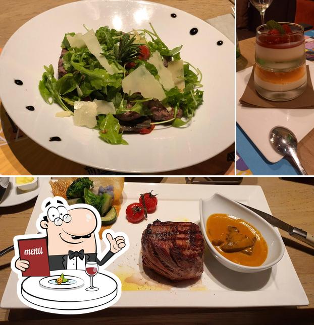 Assiettes du restaurant Am Besch — viandes et desserts